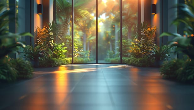 A bright and peaceful indoor space adorned with greenery, plants, and large glass doors allowing sunlight in
