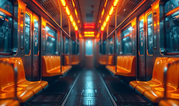 An abandoned subway train adorned with bright, vibrant orange lights, which enhances the urban ambiance