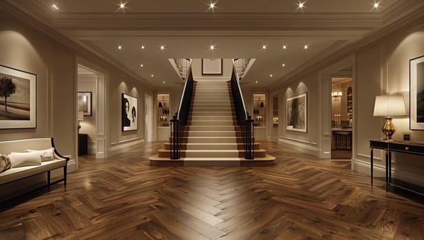 The luxurious entrance hall boasts stunning stairs that feature exquisitely modern decor and elegant lighting