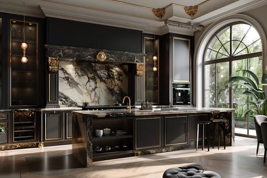 A stylish kitchen that showcases exquisite marble surfaces, elegant lighting fixtures, and contemporary decor themes