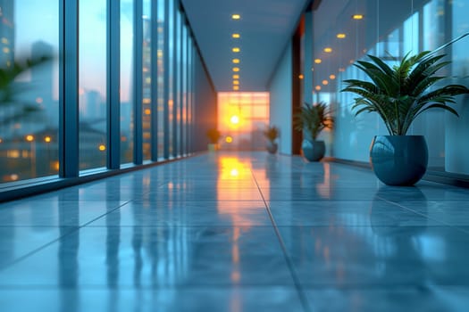 A sleek corridor filled with natural light, showcasing modern design and beautiful greenery all around