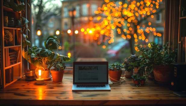 A serene workspace featuring a laptop amidst lush plants and warm lighting, perfect for inspiration.