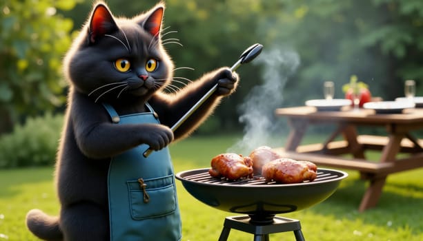 A cartoon cat is cooking food on a grill. The cat is wearing an apron and holding a spatula. The scene is set outdoors, with a table and chairs nearby
