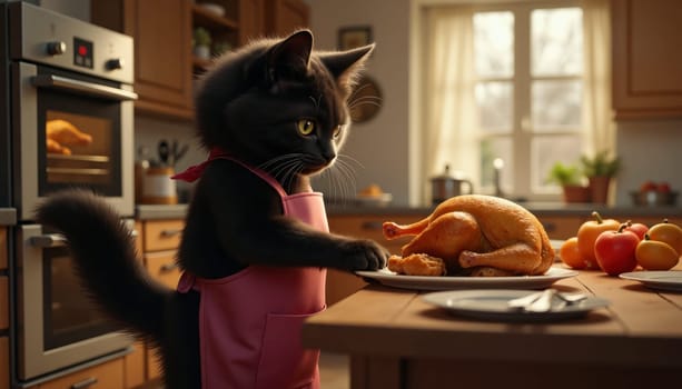A black cat is wearing an apron and standing in front of a table with a plate of turkey