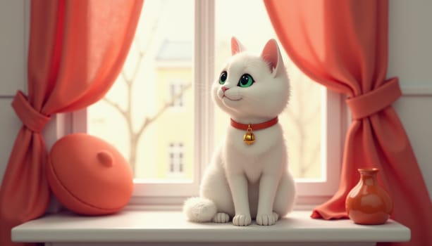 A white cat is sitting on a windowsill in front of a red curtain. The cat is wearing a bell collar and he is looking out the window. The scene is peaceful and calming