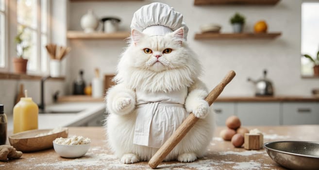 A cat in a chef's hat and apron is standing on a counter in a kitchen. The cat is holding a rolling pin and he is making bread. The scene is playful and whimsical