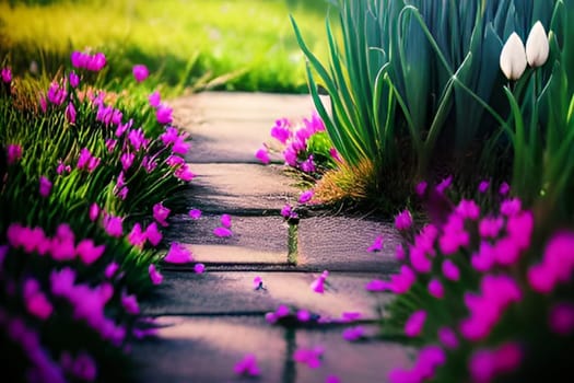 spring purple flowers trees beautiful park green nature bright colors pink flora alt illustration card season march. High quality 3d illustration generation ai alt
