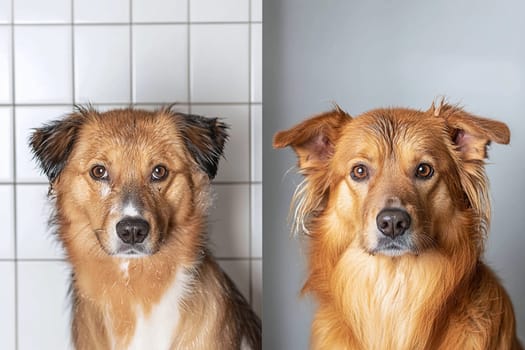 A dog is being groomed with its fur transitioning from wet to dry in a salon setting.