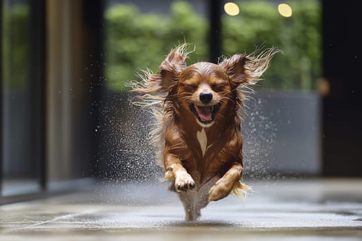 Happy dog runs through water during a lively grooming session in a spacious indoor area.