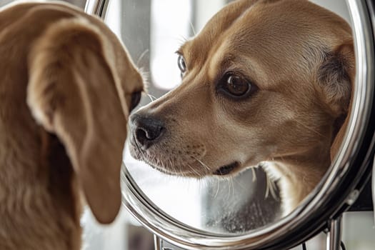 A dog gazes into the grooming mirror, reflecting its curiosity during a grooming session.