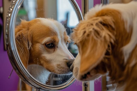 A dog is being groomed while gazing curiously into a mirror, showing its playful personality.