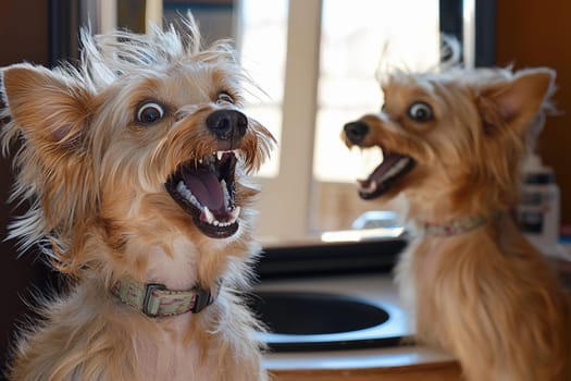 Two small dogs appear excited during a grooming session in a cozy salon.