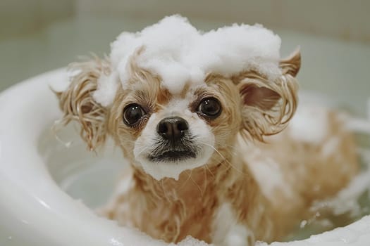 A small dog with foam on its head is in a bath getting groomed, looking calm and content.