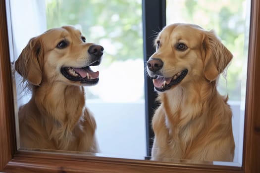 A golden retriever stands happily in front of a mirror, enjoying its reflection while being groomed.