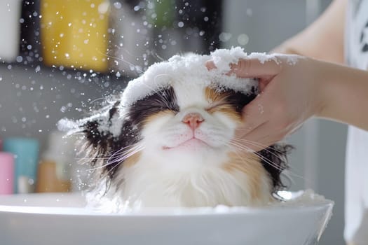 Cat enjoys a thorough grooming session, surrounded by bubbles and a soothing atmosphere.