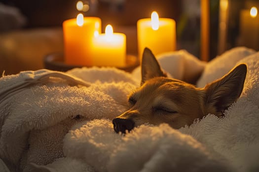 Dog relaxes while being groomed, surrounded by soft towels and warm candlelight.