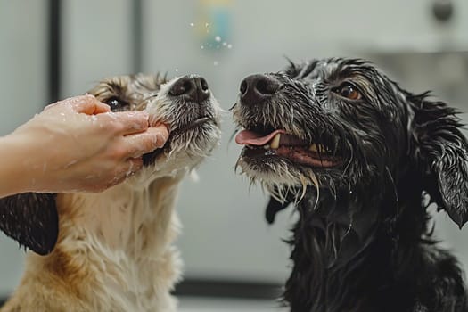 A person gently washes two dogs in a pet grooming facility, ensuring cleanliness and comfort.