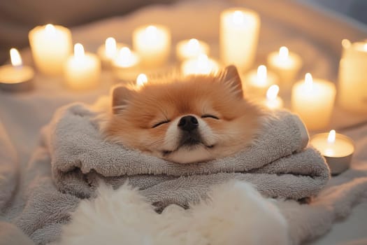 A fluffy dog is gently wrapped in a soft towel, relaxing peacefully among candlelight.