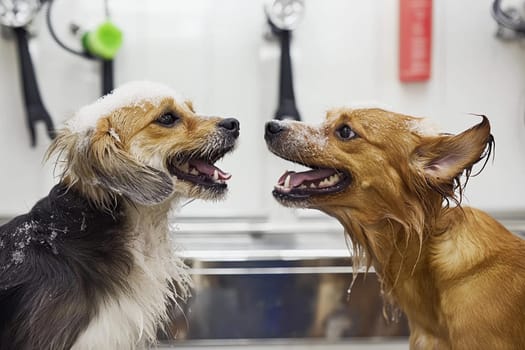 Two dogs enjoy their grooming session, covered in soap, while showcasing their playful expressions.
