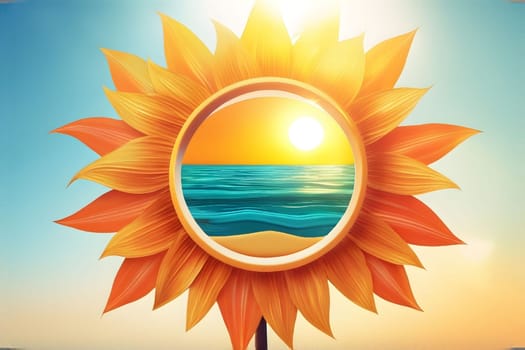sun sea summer rest logo tourism yellow blue sky generated ai alt illustration . High quality illustration round shape sunflower