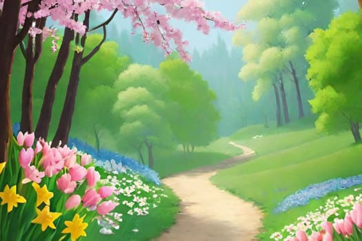 spring nature meadow field flowers green grass pink trees air blue sky beautiful landscape background. High quality photo alt summer day park travel sakura generated ai