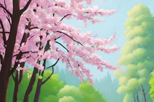 spring nature meadow field flowers green grass pink trees air blue sky beautiful landscape background. High quality photo alt summer day park travel sakura generated ai