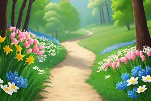 spring nature meadow field flowers green grass pink trees air blue sky beautiful landscape background. High quality photo alt summer day park travel sakura generated ai