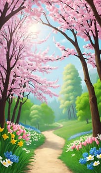spring nature meadow field flowers green grass pink trees air blue sky beautiful landscape background. High quality photo alt summer day park travel sakura generated ai