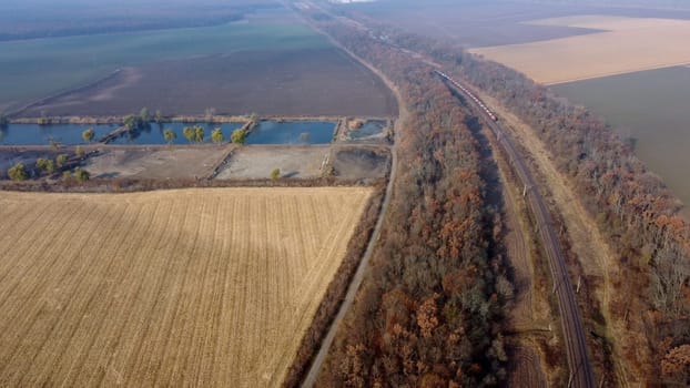 Panoramic View of Moving Freight Train Along Railway Tracks Among Trees Between Agricultural Fields on an Autumn Day. Landscape Freight Cars or Railway Wagon Rides on Railroad. Top View Rail freight