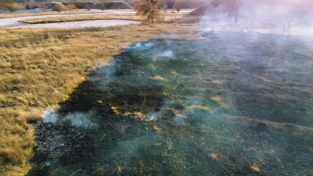 Aerial View Burning Dry Grass. Open Flames of Fire and Smoke. Yellow Dry Grass and Black Ash Burnt Plants. Ecological Catastrophy, Environmental, Natural disaster, Global Warming, Changing of Climate