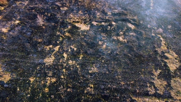 Aerial drone view flight over black ash of field of burned brown yellow dry grass and white smoke on sunny autumn day. View from above. Texture natural background of ecological environmental disaster.