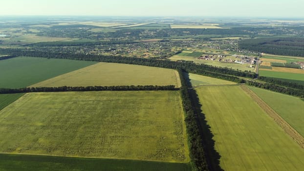 Aerial drone view flight over different agricultural fields sown with various rural agricultural cultures. Top view farmland and plantations. Landscape fields agro-industrial culture. Countryside