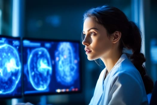 Capable Female Neurologist Focused on Brain Scan Evaluation. Physician Reviewing Parkinson's Brain Scans on Computer Monitor, Generative AI