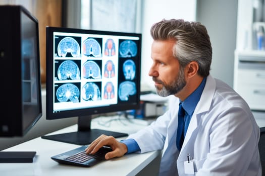 Knowledgeable Neurologist Analyzing Meningitis Brain Scans on Computer Monitor. Generative AI
