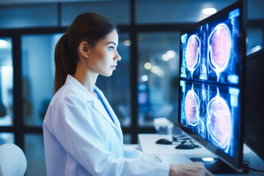 Neurologist Reviewing Traumatic Brain Injury Scans on Computer Monitor. Skilled Doctor Delving into Brain Scan Study. Generative AI