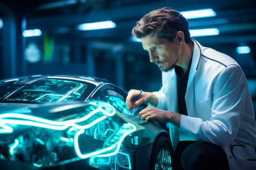 Automotive Engineer in Lab Coat Using AR and Tablet to Design Future Car. Generative AI