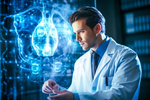 Expert Neurologist Interpreting Huntington's Disease Brain Scans on Computer Monitor. Generative AI