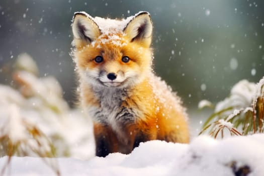 Portrait of cute red fox cub in the snow in winter time.