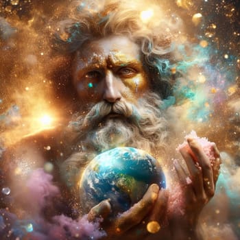 a bearded ethereal glowing senior man as a god holding a globe as hard times for our earth concept generative ai art
