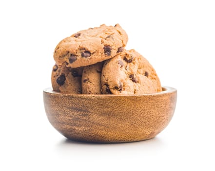 Chocolate chip cookies in bowl isolated on a white background.