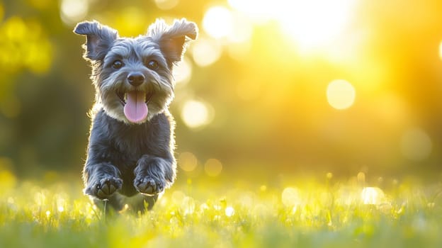 Small happy dog running on grass at sunset enjoying freedom