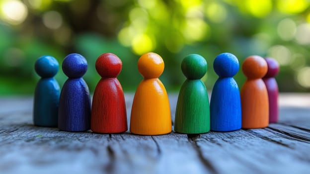 Colorful wooden pawns symbolize diversity, inclusion, and equality in a natural setting
