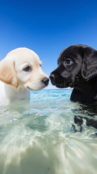Two cute labrador retriever puppies, one white and one black, swimming in the ocean on a sunny day