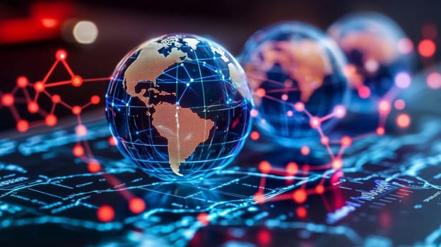 Hologram of planet earth with network connections, symbolizing global communication and data exchange in a technological world