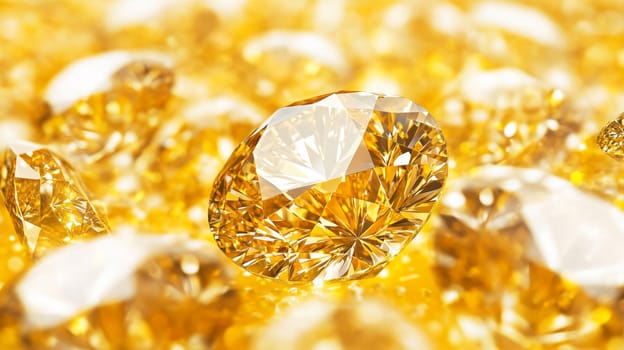 Close-up of a large, brilliant-cut yellow diamond sparkling amongst a group of smaller diamonds, creating a luxurious and opulent image.