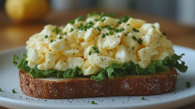 Egg salad resting on lettuce on a slice of whole wheat bread garnished with chives and black pepper