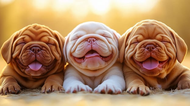 Three happy bulldog puppies lying on straw, enjoying a beautiful sunset