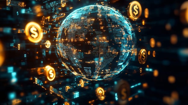 Futuristic digital earth globe rotating with dollar signs, representing global finance, cryptocurrency, and online transactions