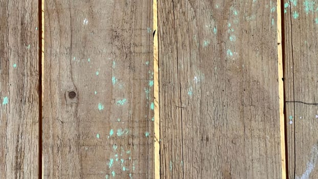 A close-up view of a weathered wooden floor displaying green paint splatters and deep cracks.