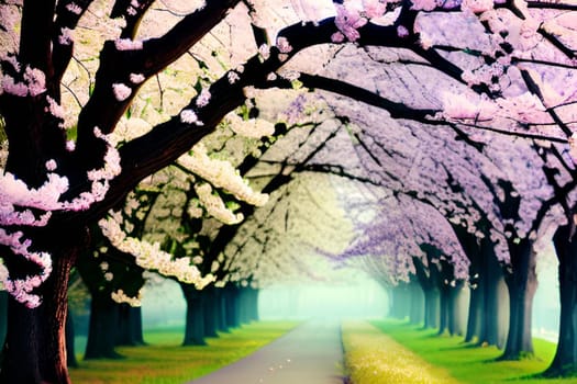 spring nature yellow flowers pink tree forest park generated alt. High quality illustration landscape background summer
